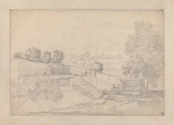 Italian Landscape with River Running Between High Wall at Left and High Bank at Right Towards a Small...